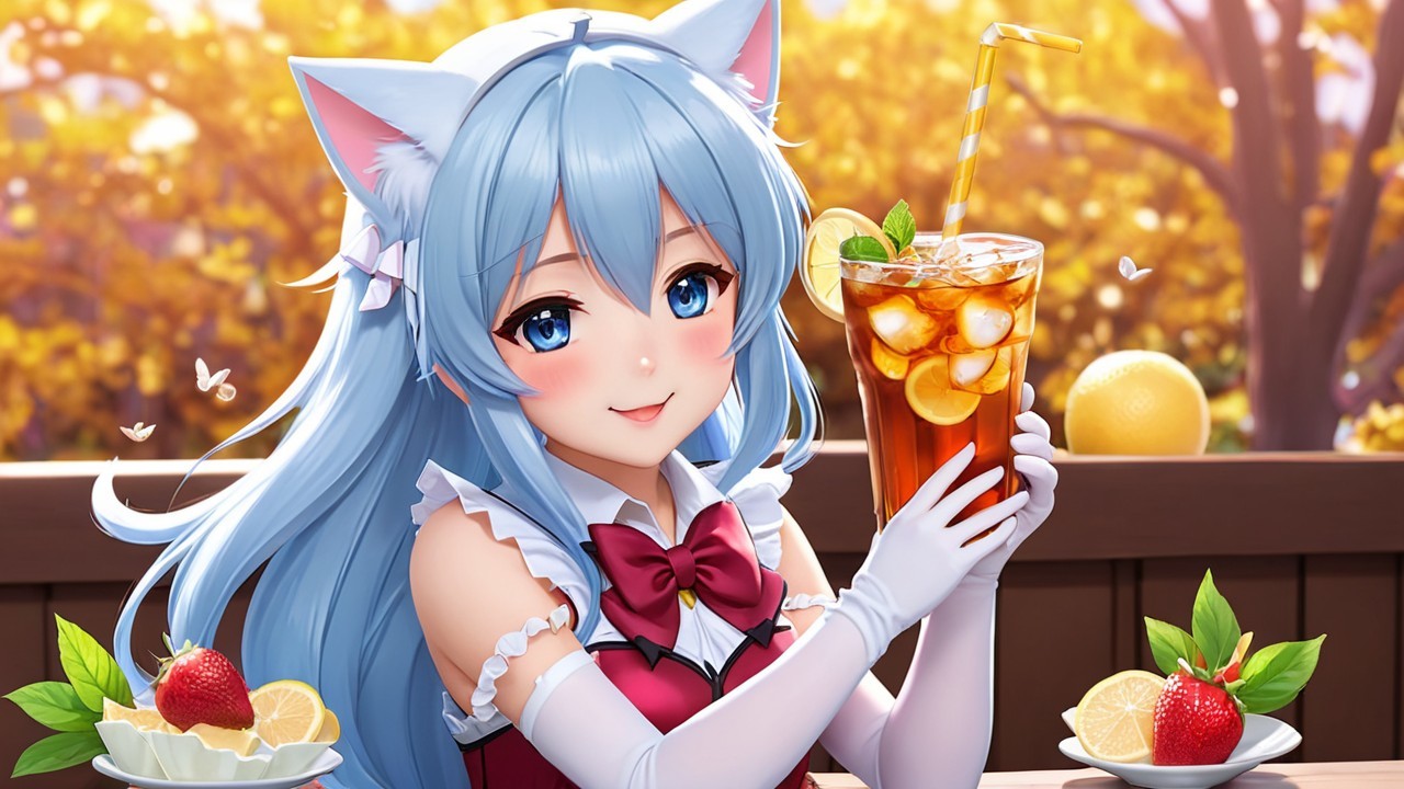 Cheerful anime character at sunny cafe with iced tea