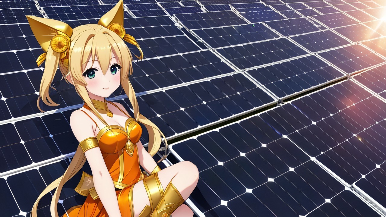 Cheerful anime character on solar panel array