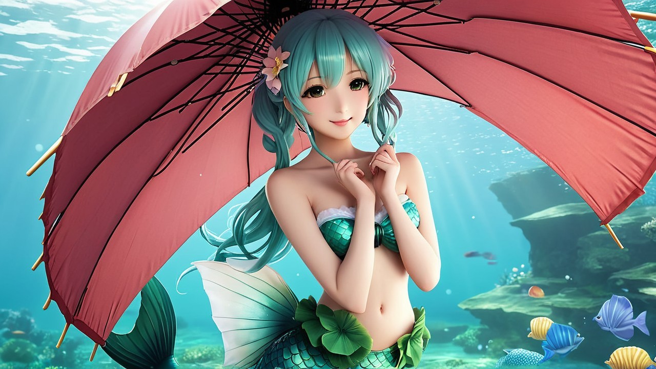 Underwater Scene with Mermaid and Colorful Fish