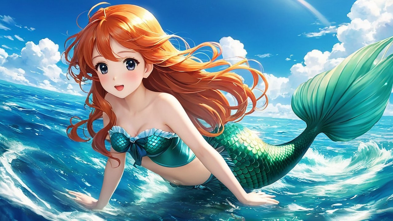 Cheerful Mermaid with Orange Hair in Blue Ocean