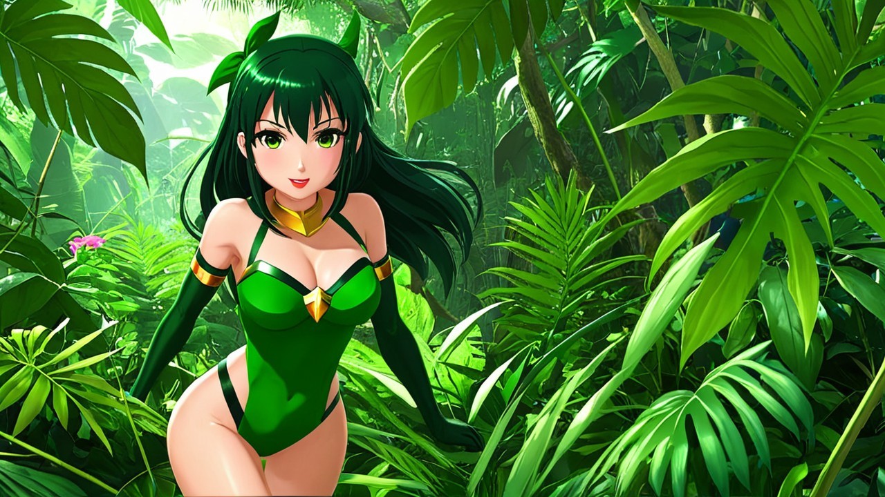 Vibrant Jungle Scene with Young Woman in Green Outfit