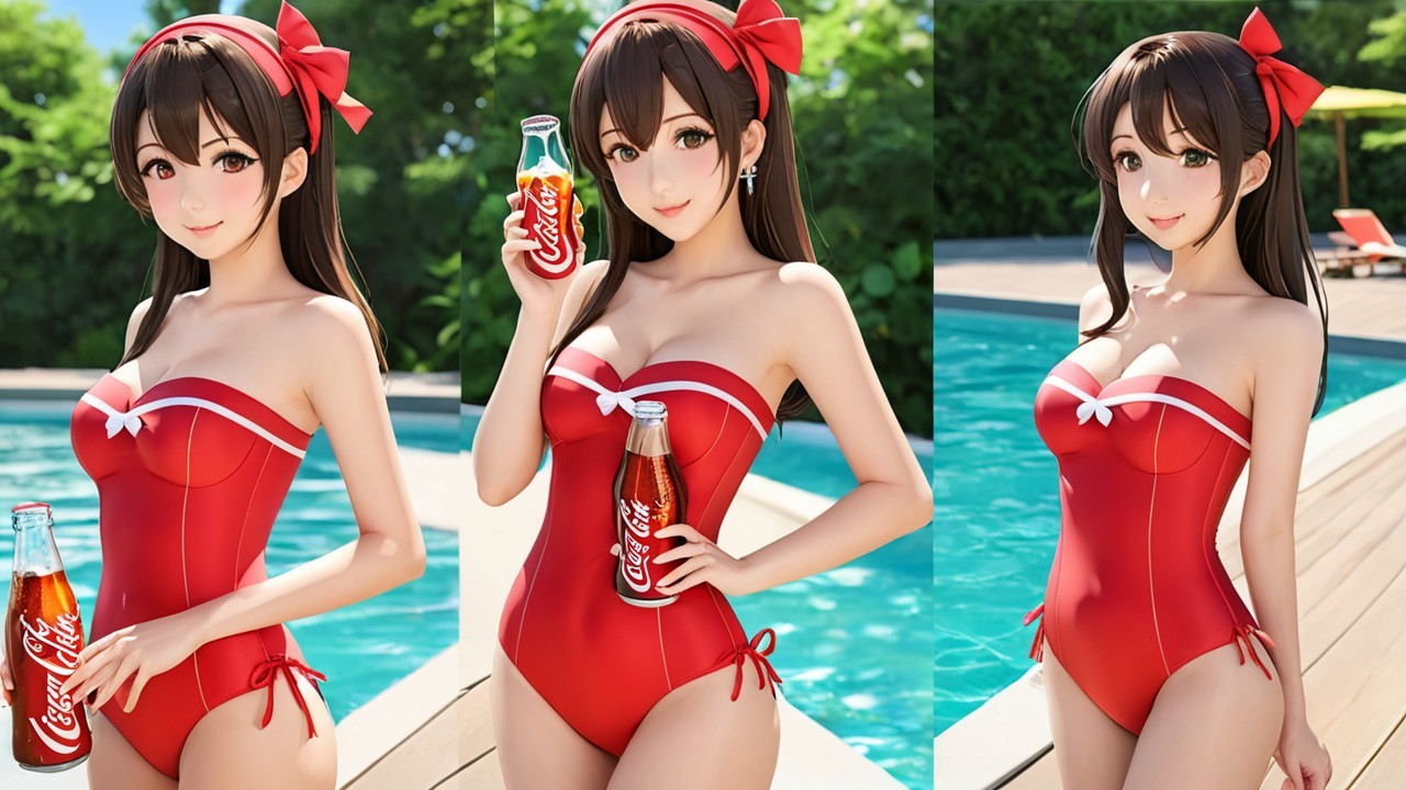 Young Woman in Red Swimsuit by Swimming Pool