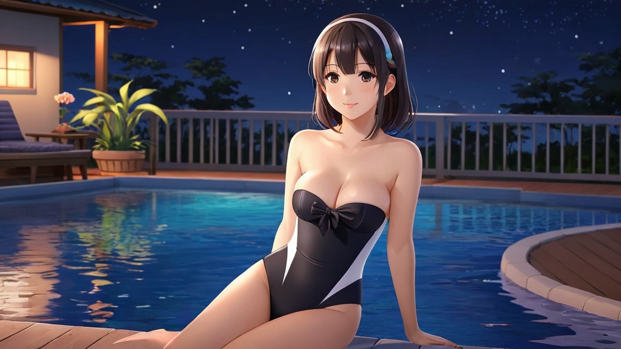 Young woman by serene pool at night with greenery