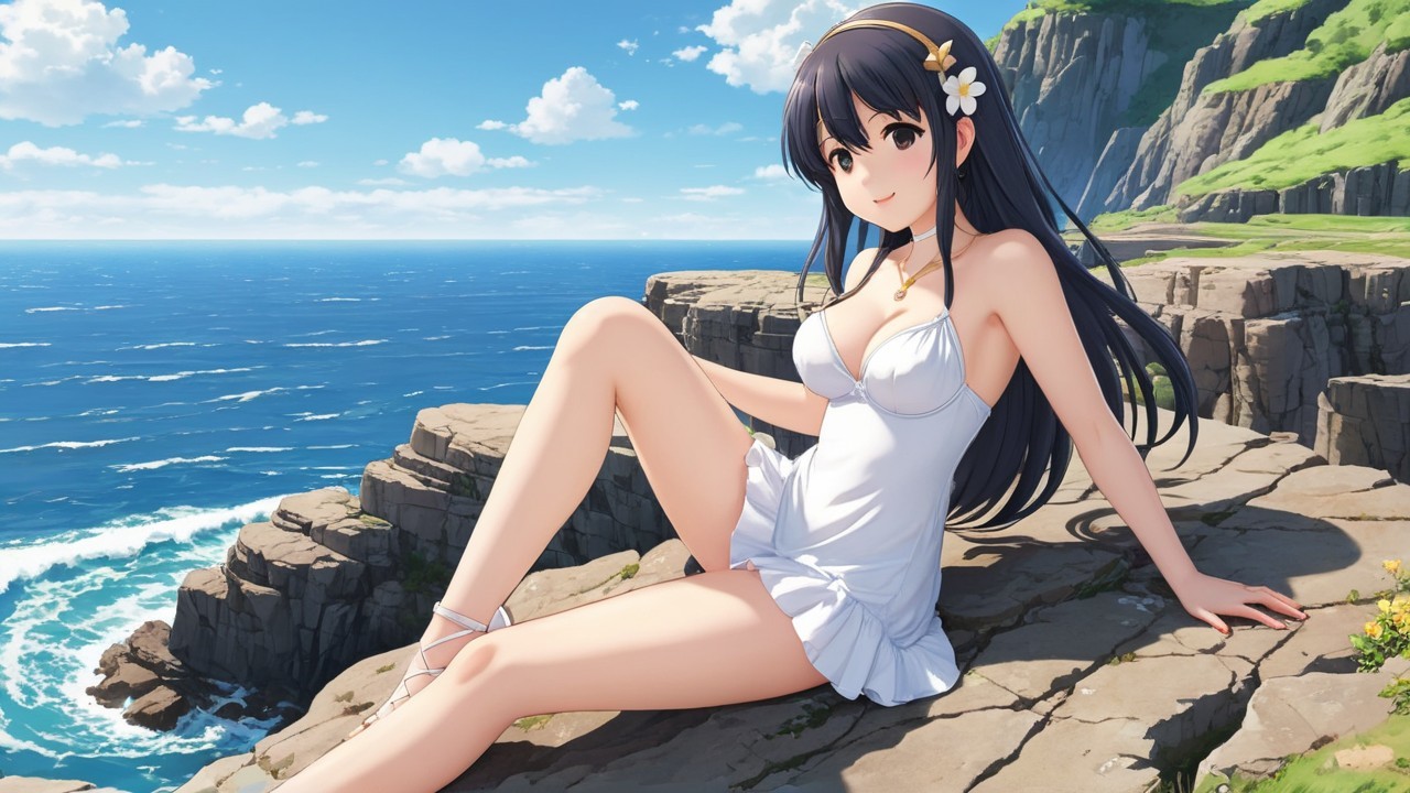 Young Woman on Rocky Ledge Overlooking Ocean景