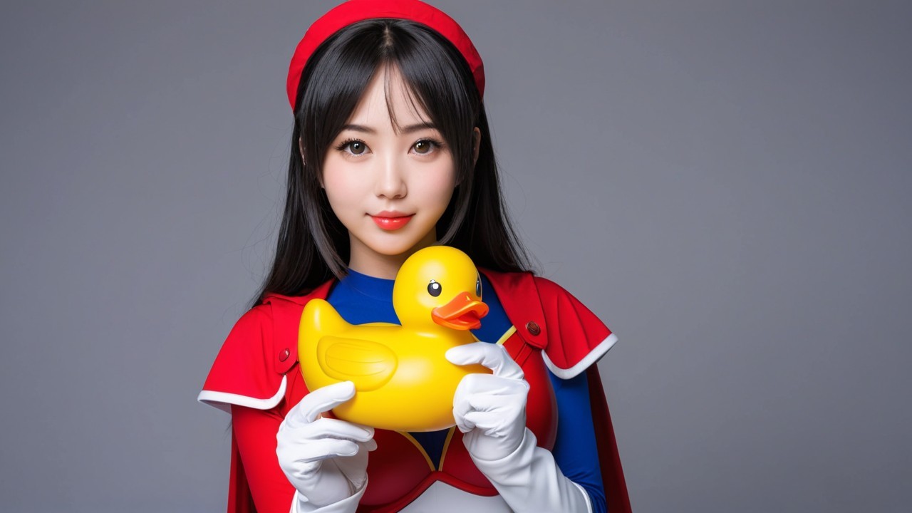 Young Woman in Colorful Superhero Costume with Duck