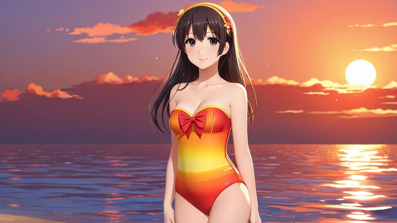 Cheerful girl in vibrant swimsuit at beach sunset