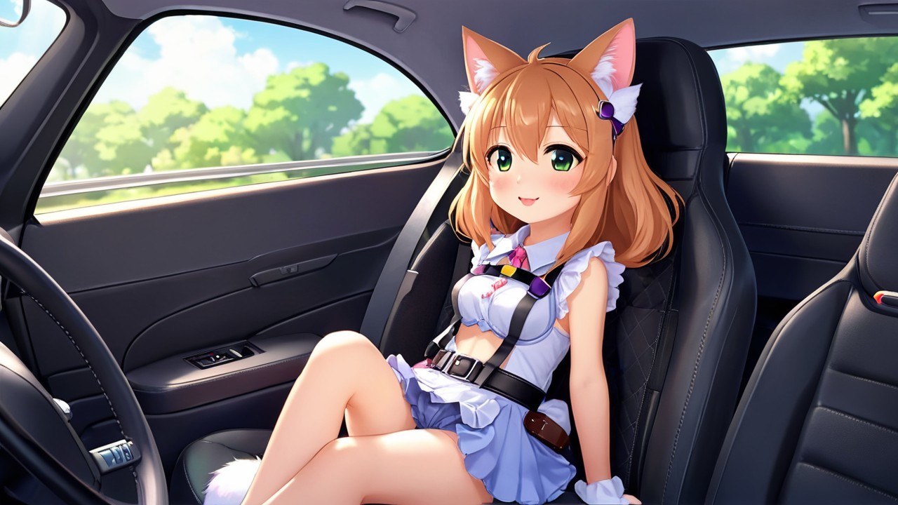 Anime Character with Cat Ears in a Car on Sunny Day