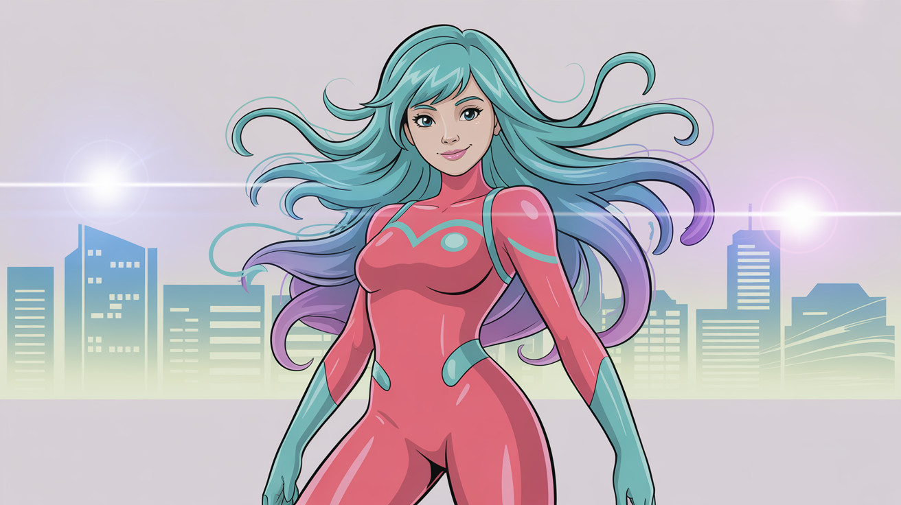 High-angle digital painting of a superheroine in pink bodysuit