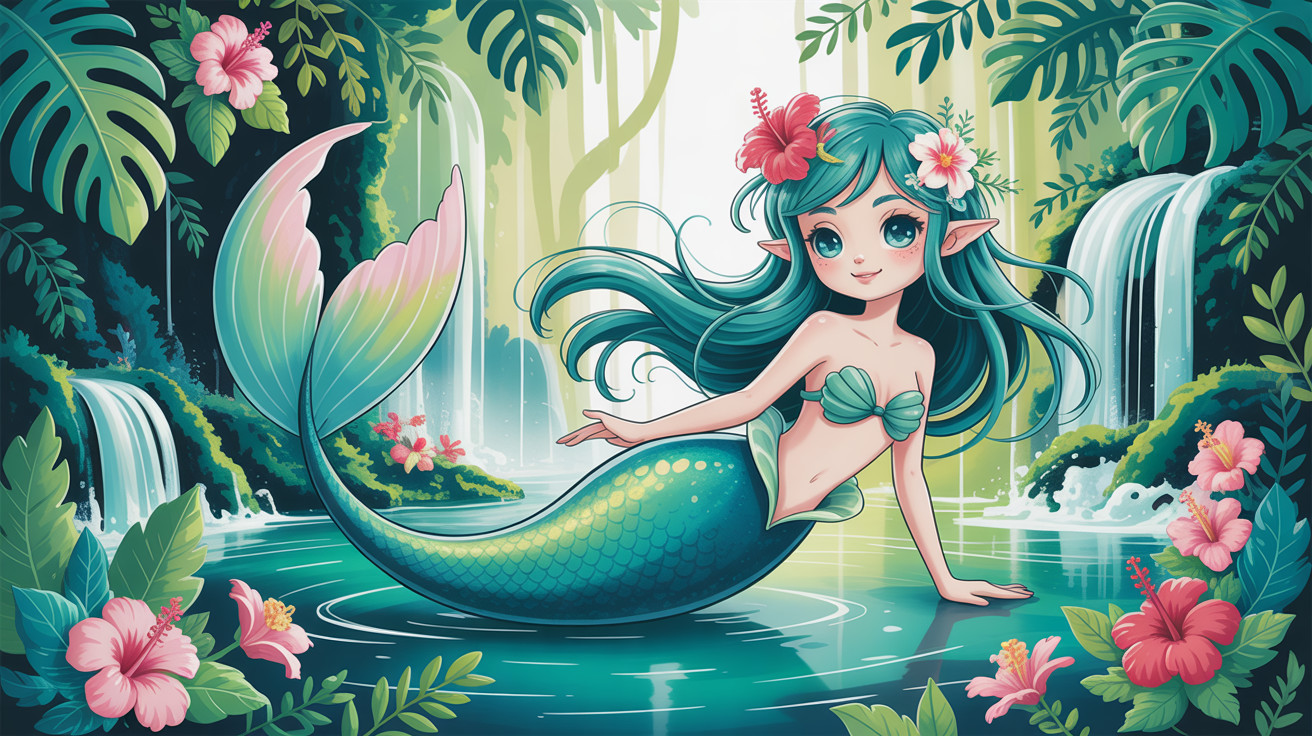 Cute anime mermaid in tropical lagoon setting