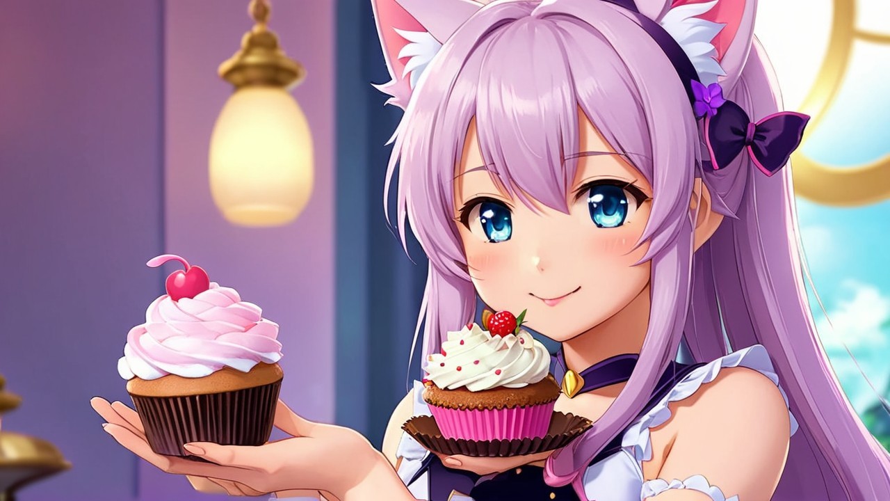 Young girl with lavender hair holding colorful cupcakes