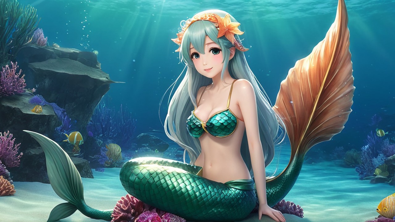 Mermaid in Coral Reefs with Aqua Hair and Green Tail