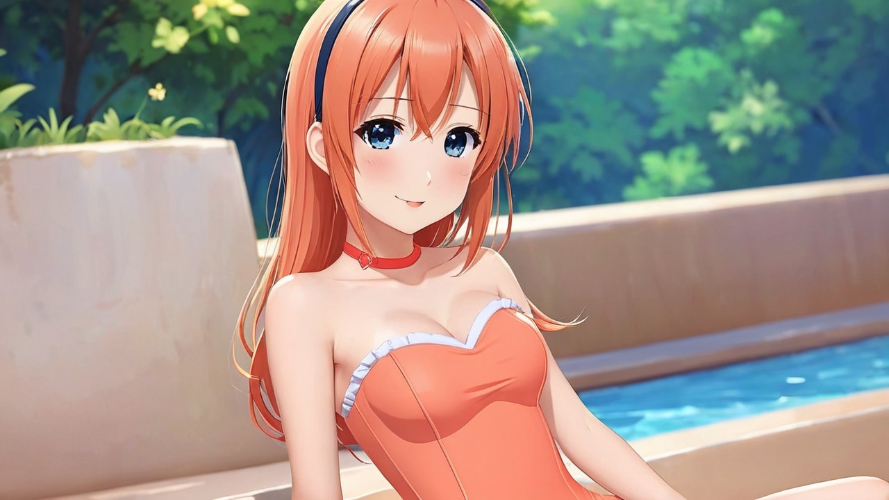 Cheerful Anime Character by a Pool in Summer Setting