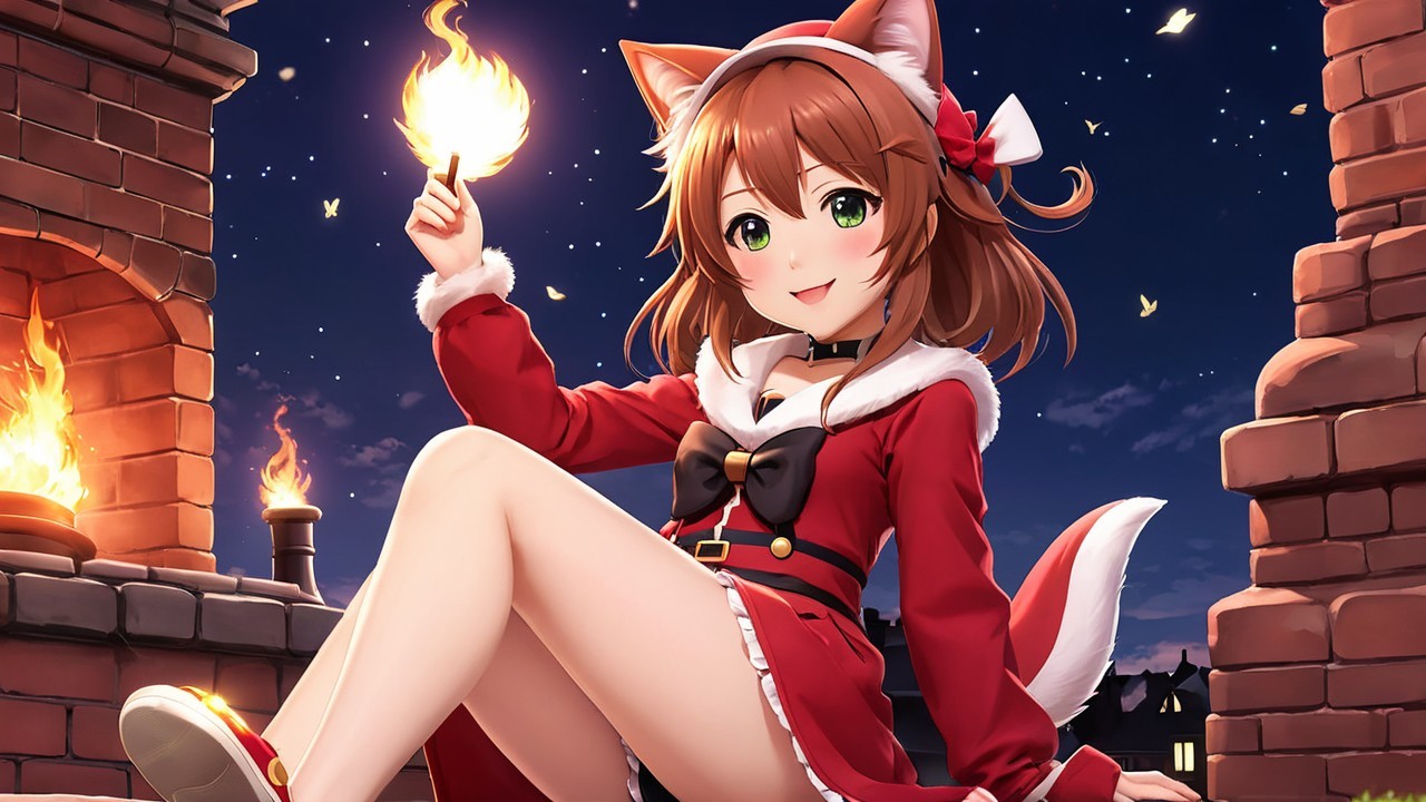 Cheerful girl with fox ears in festive twilight scene