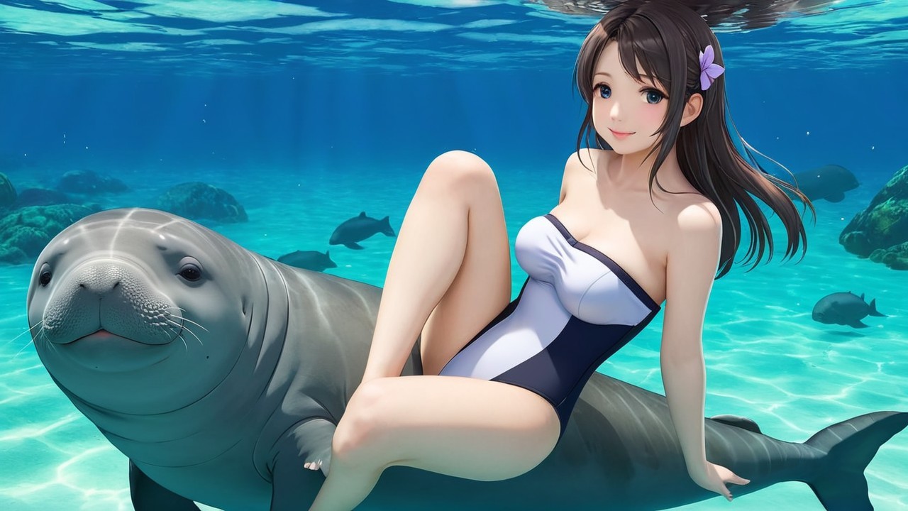 Young woman and sea lion in vibrant underwater scene