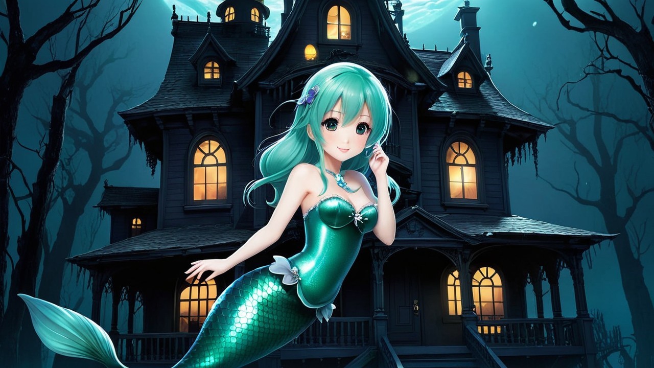 Whimsical Mermaid Scene Near Gothic Mansion