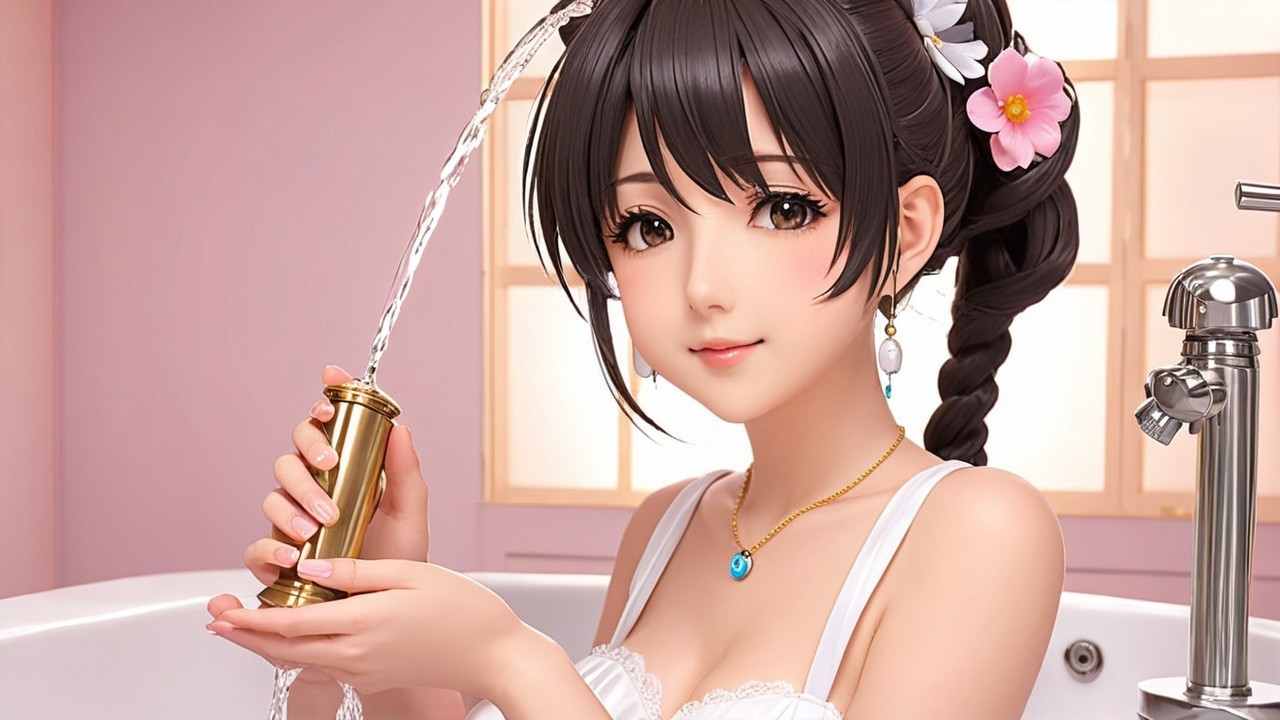 Young woman in cozy bathroom with flowing water