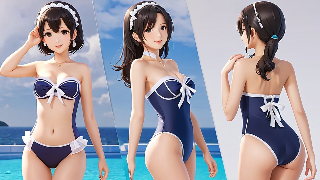 Stylized Character in Navy Blue Bikini at Beach