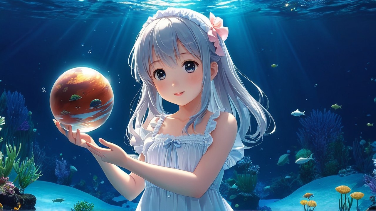 Young girl with silver hair holds glowing orb underwater