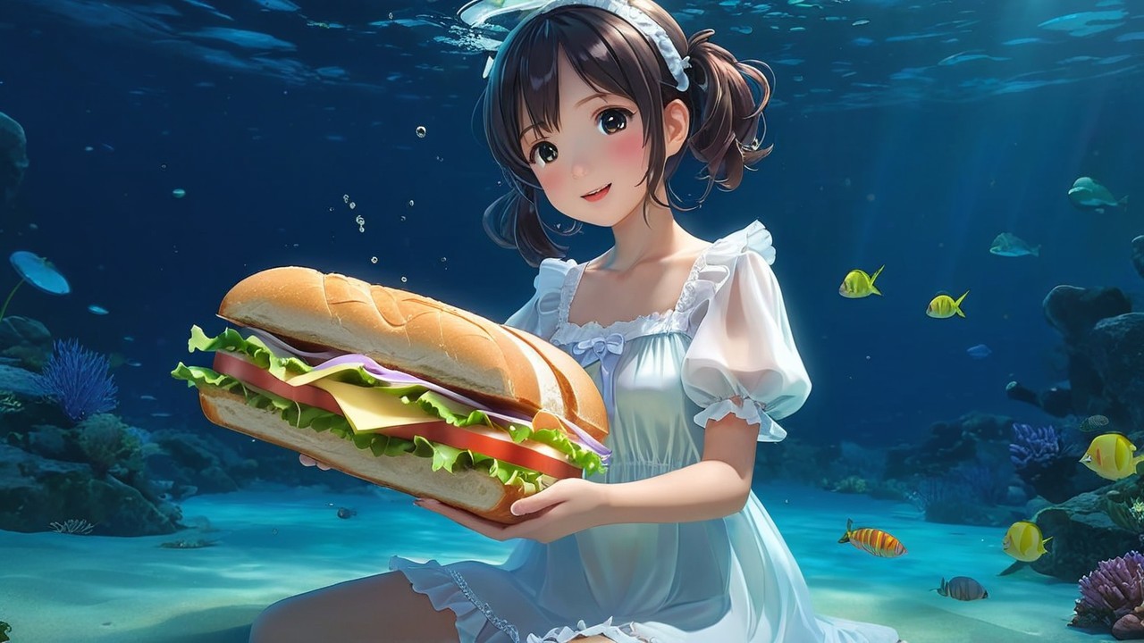 Girl in white dress underwater with a sandwich and fish