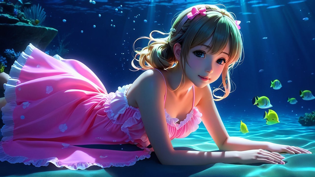 Underwater Scene with Woman in Pink Dress and Fish