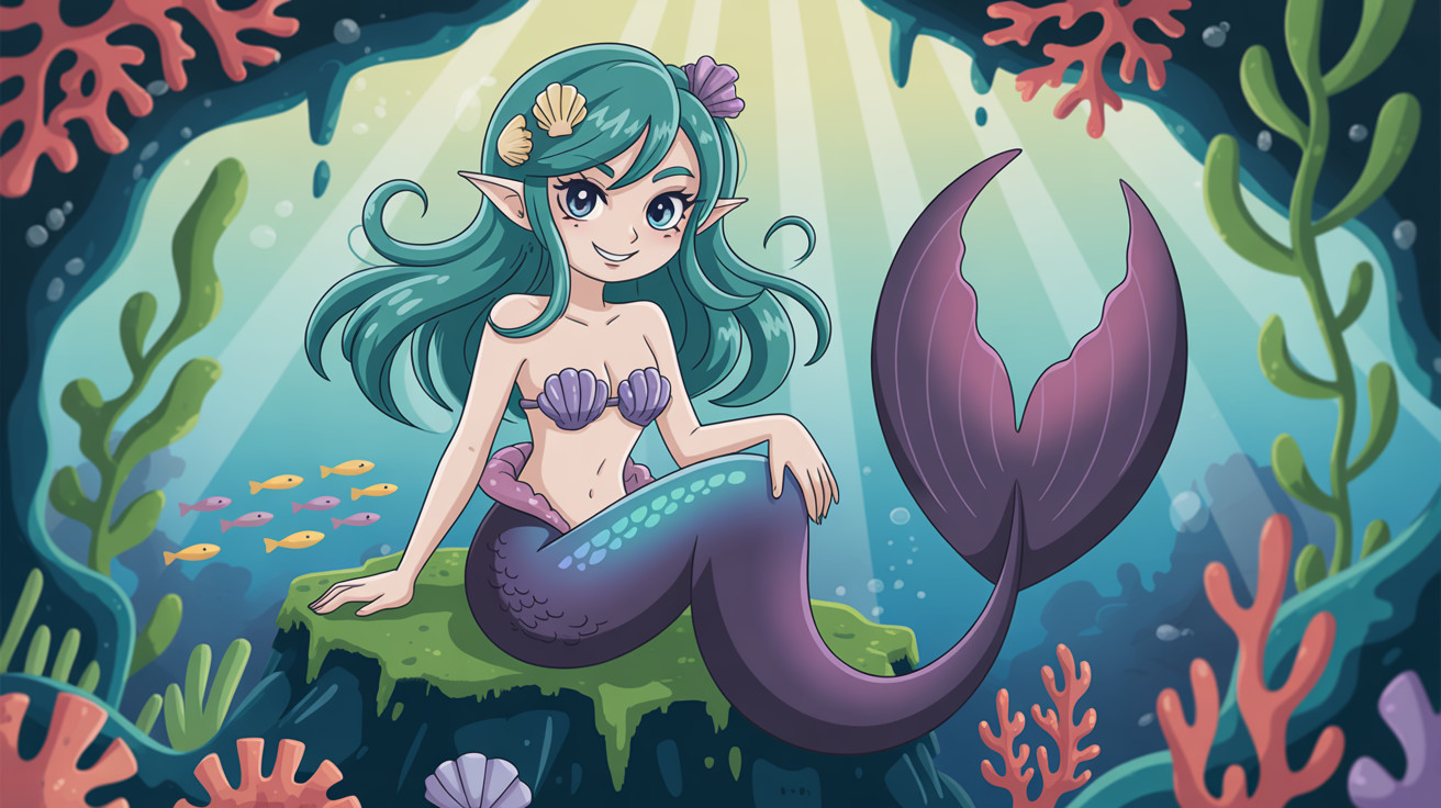 Stylized anime illustration of a cute mermaid in coral
