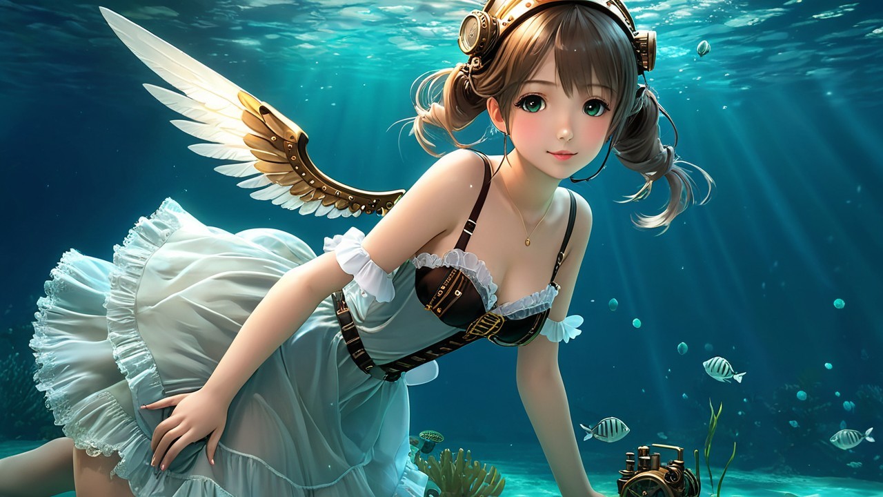 Whimsical Underwater Scene with Winged Girl