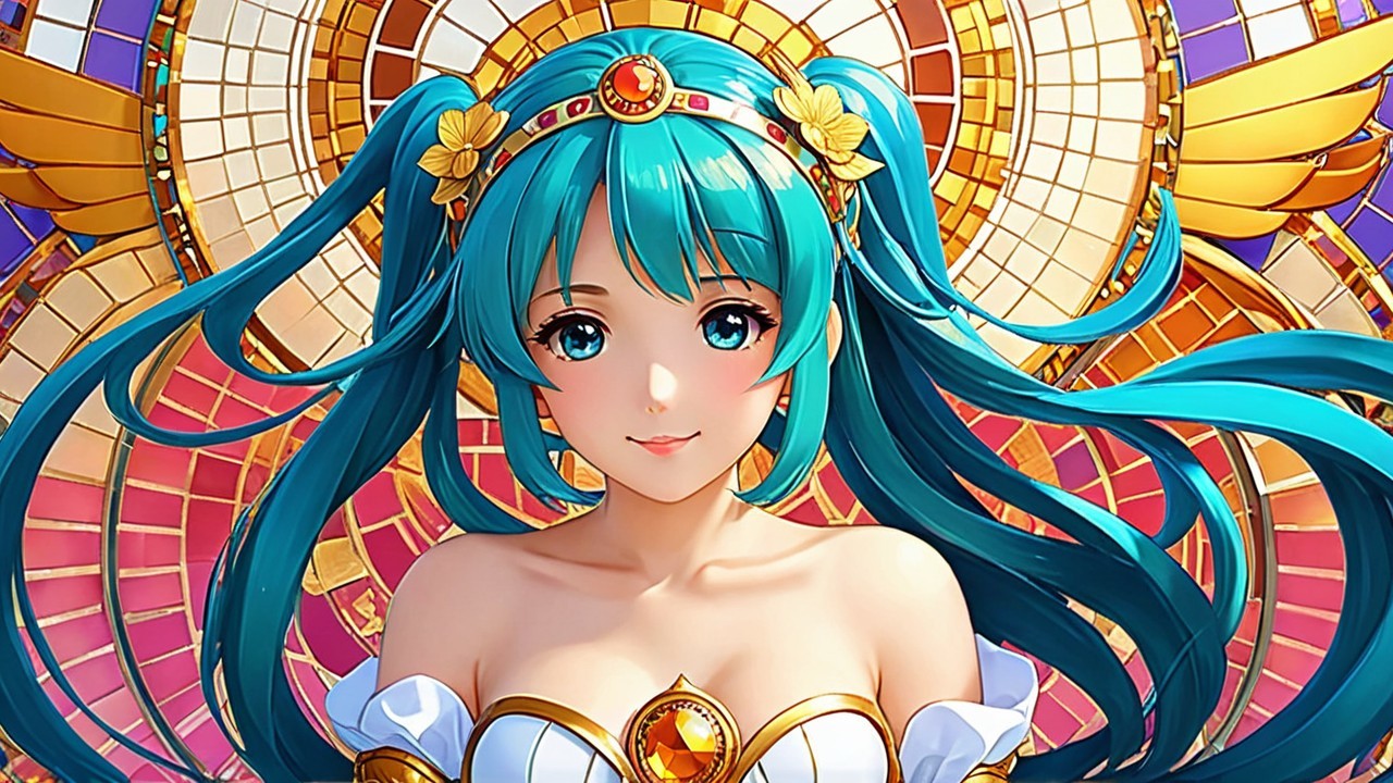 Vibrant Anime Character with Turquoise Hair and Stained Glass