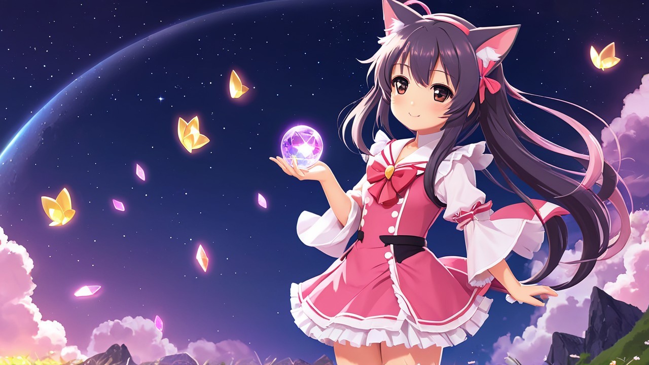 Anime girl with cat ears in starry night scene
