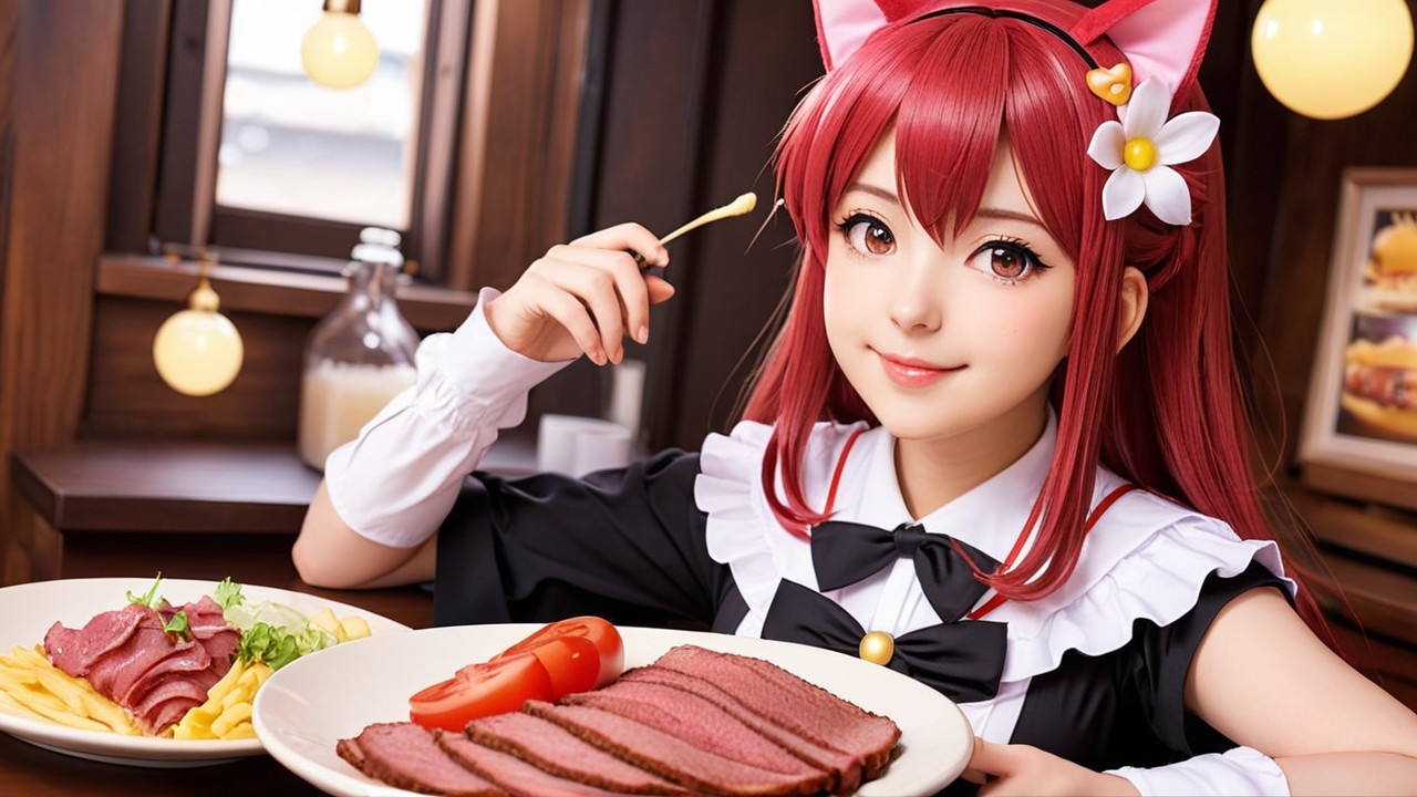 Cheerful girl in maid outfit with cozy dining setting