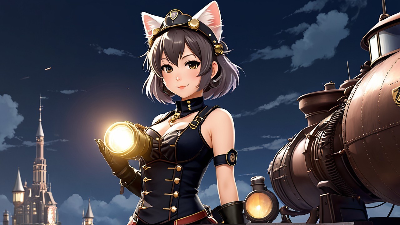 Confident Girl in Steampunk Setting with Flashlight