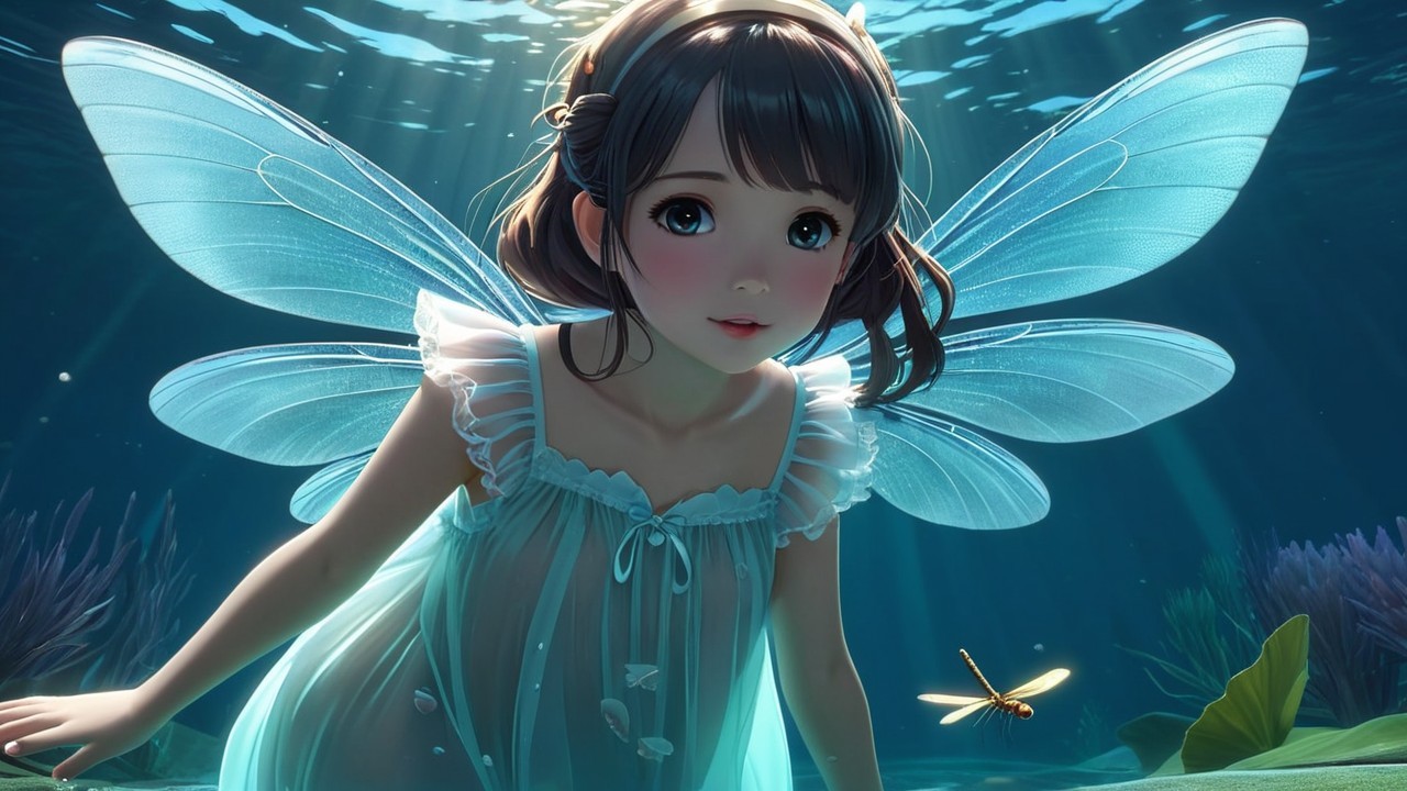 Young girl with fairy wings in serene underwater scene