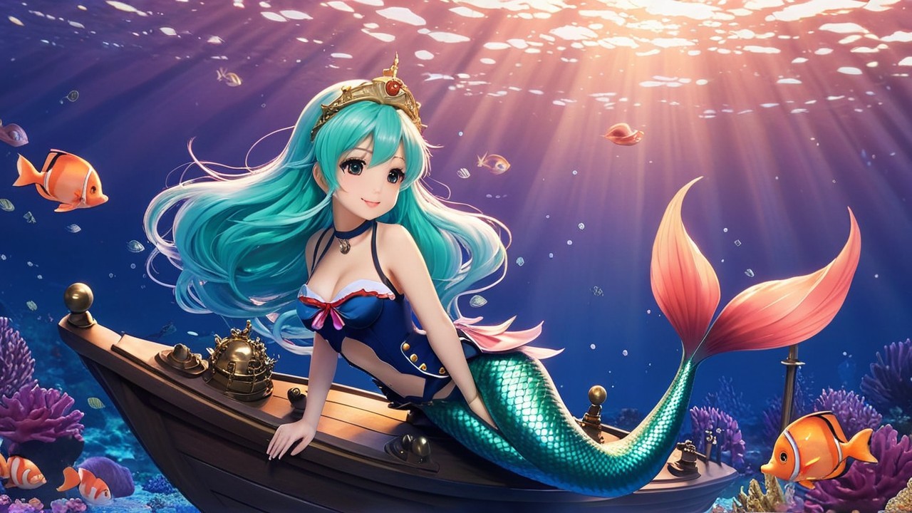 Vibrant Underwater Scene with Mermaid and Shipwreck