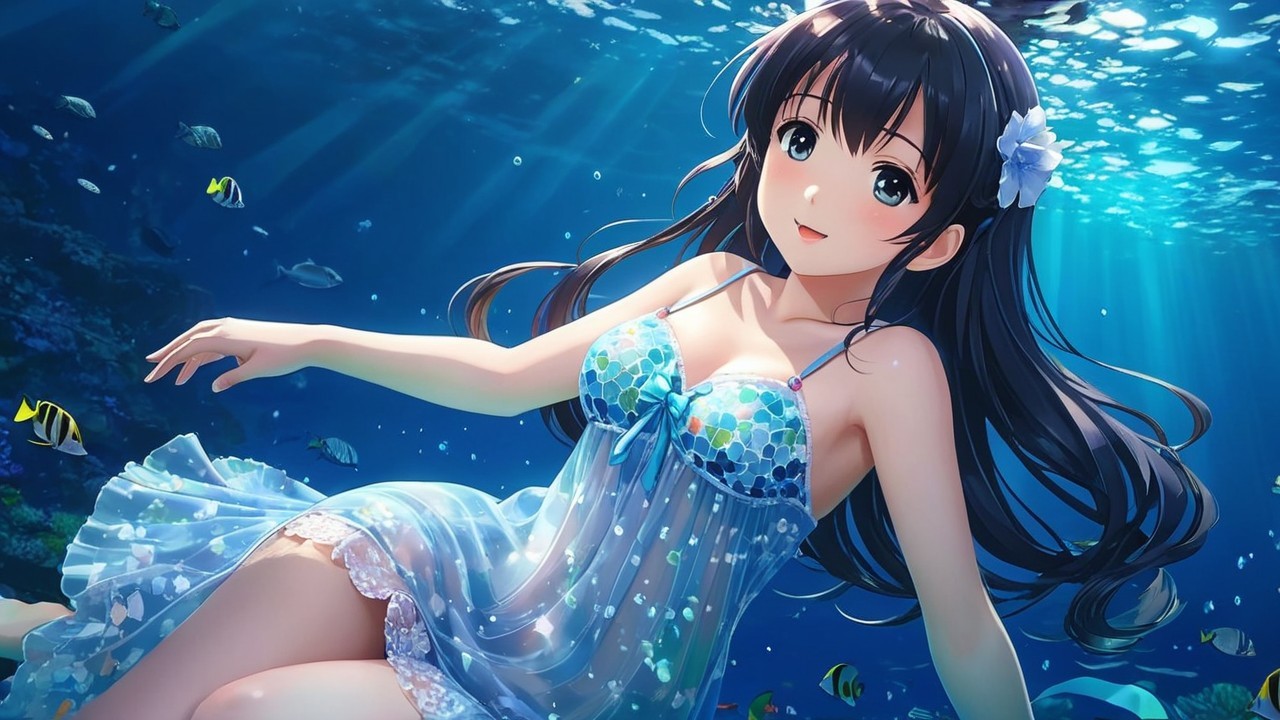 Underwater Scene with Young Woman in Blue Dress