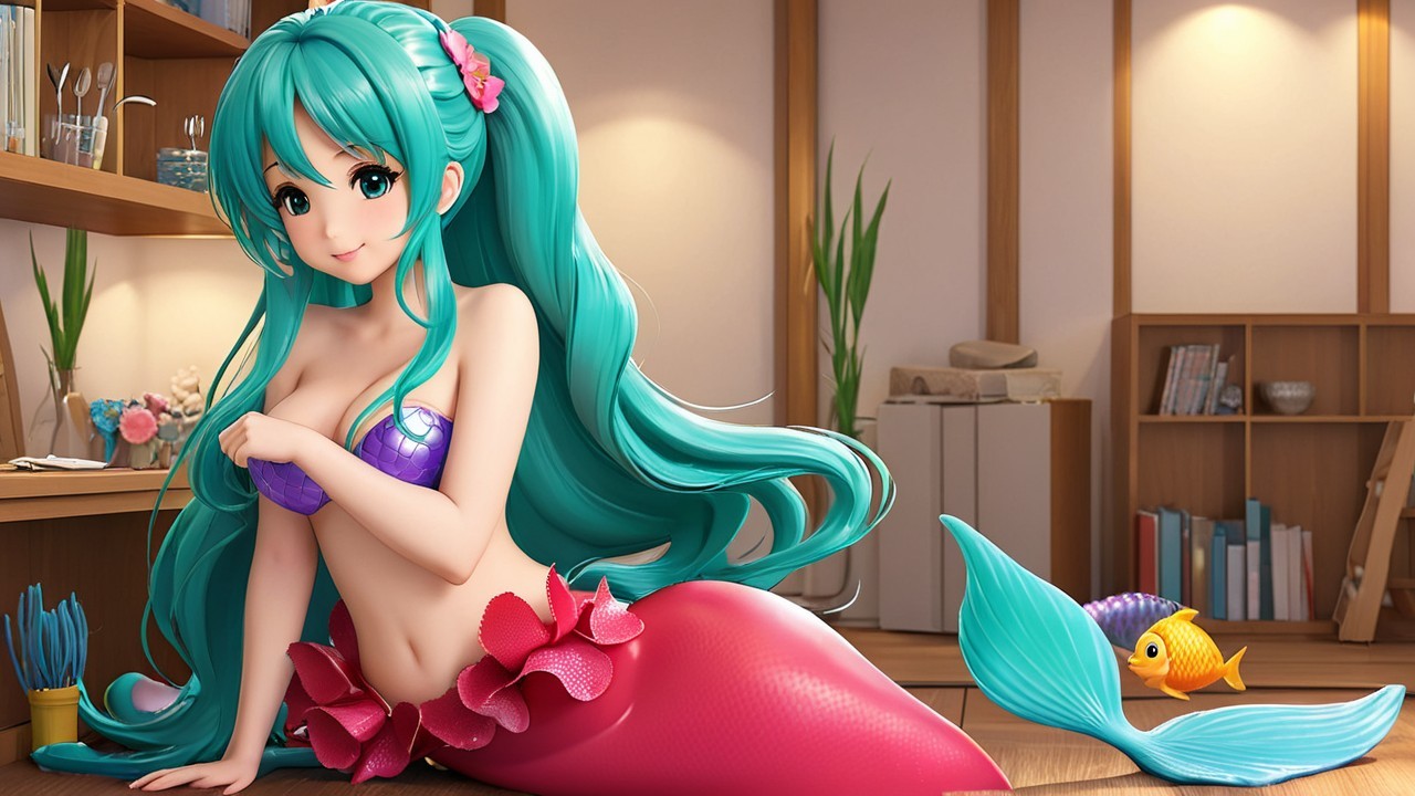 Colorful Cartoon Mermaid in Cozy Interior Setting