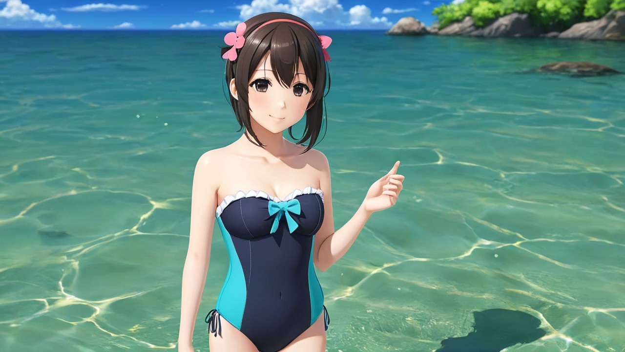 Cheerful Young Woman in Stylish Beach Swimsuit