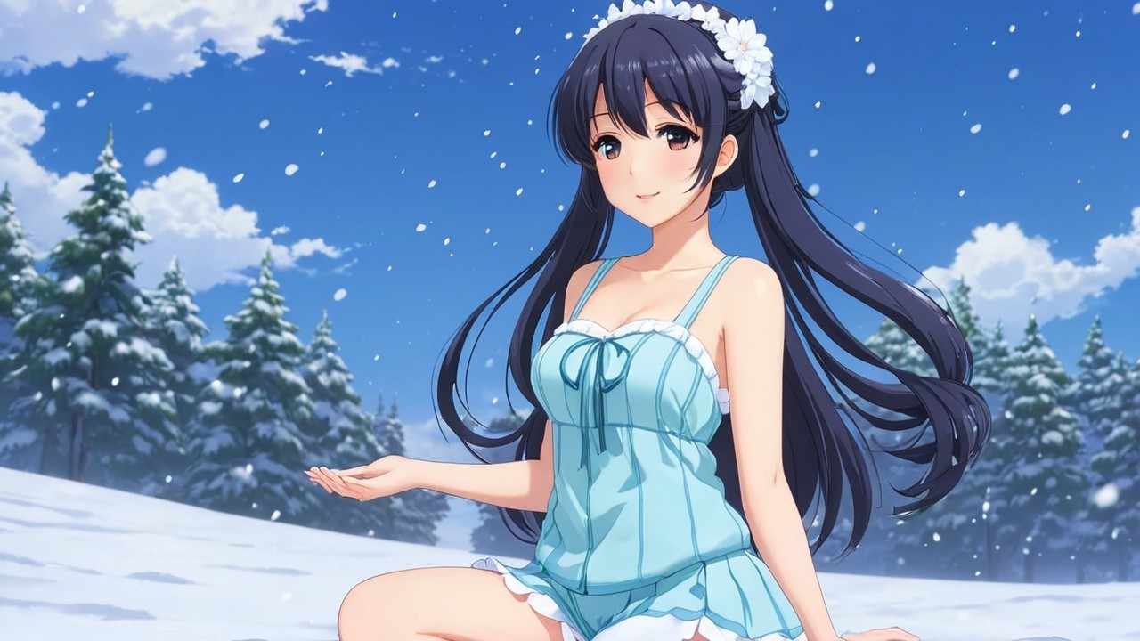 Girl in light blue outfit in snowy landscape