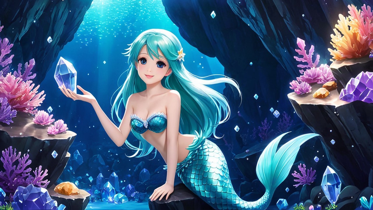 Mermaid in Underwater Cave with Turquoise Hair and Gems