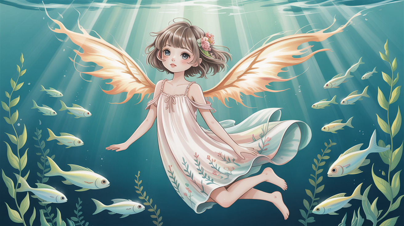Anime-style illustration of a fairy swimming underwater
