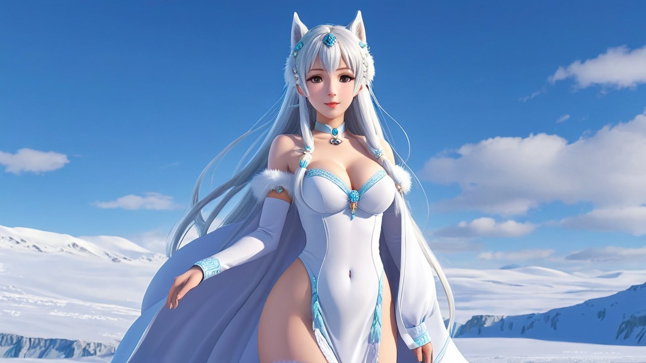 Character in Snowy Landscape with Silver Hair and Gown