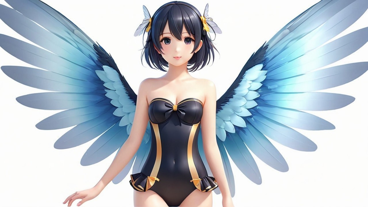 Fantastical character with vibrant wings and swimsuit