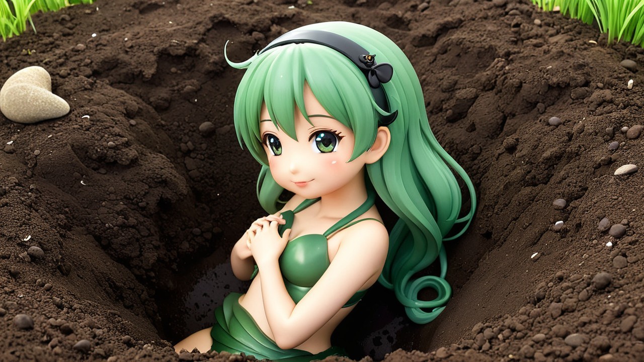 Cute anime character with long green hair in dirt hole