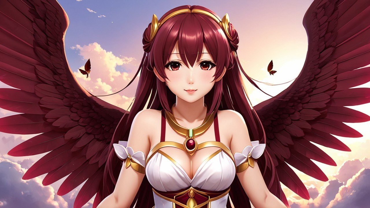 Graceful character with red hair and majestic wings