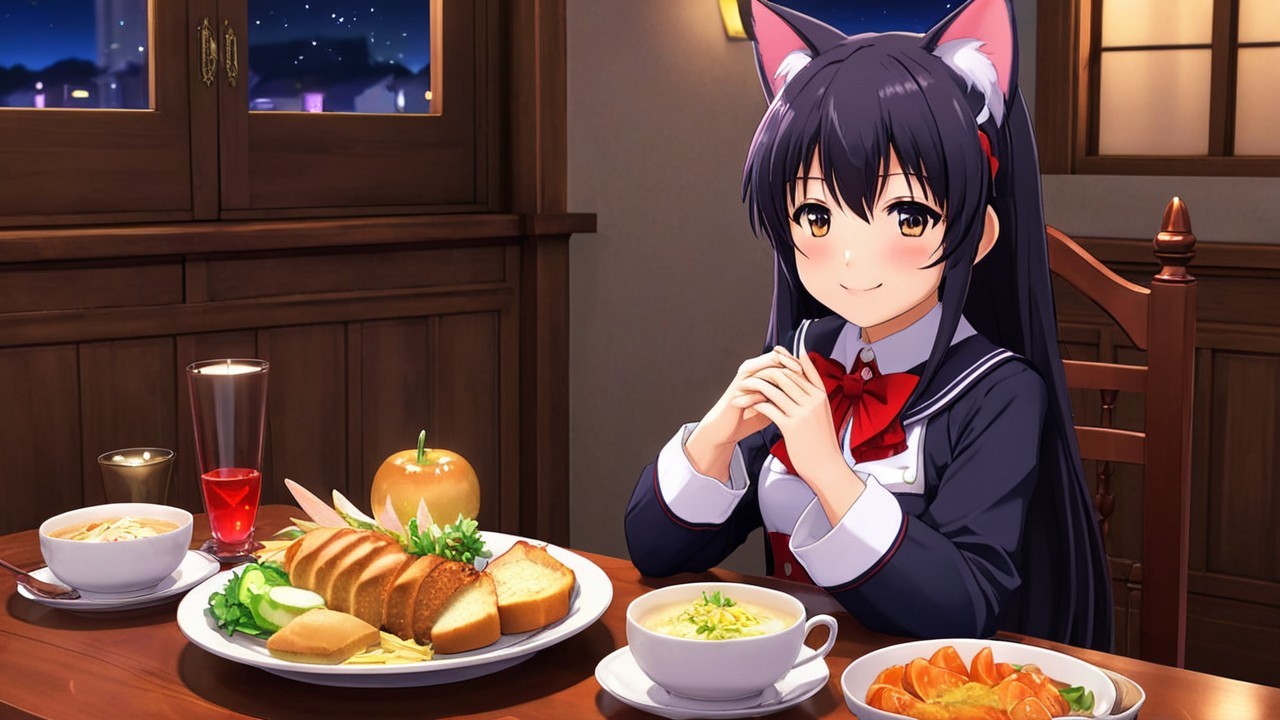 Cheerful character with cat ears at a cozy table setting