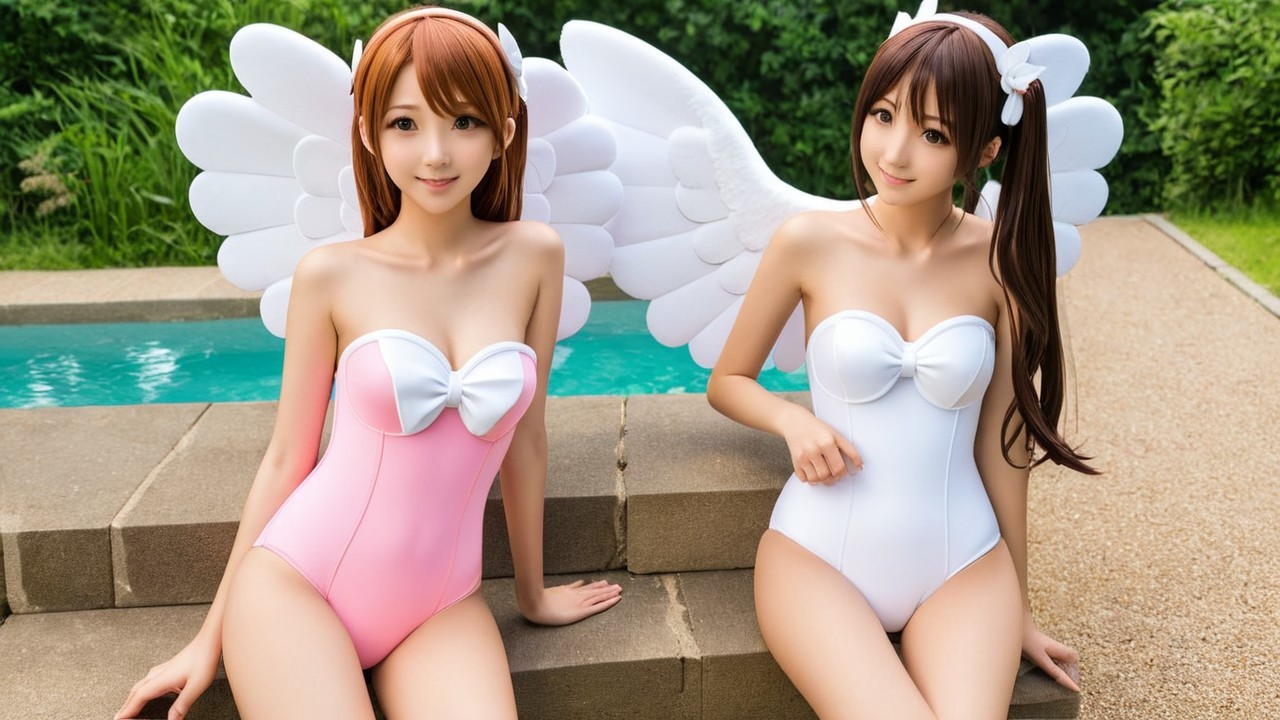 Angelic Women with Wings by Pool in Elegant Swimsuits