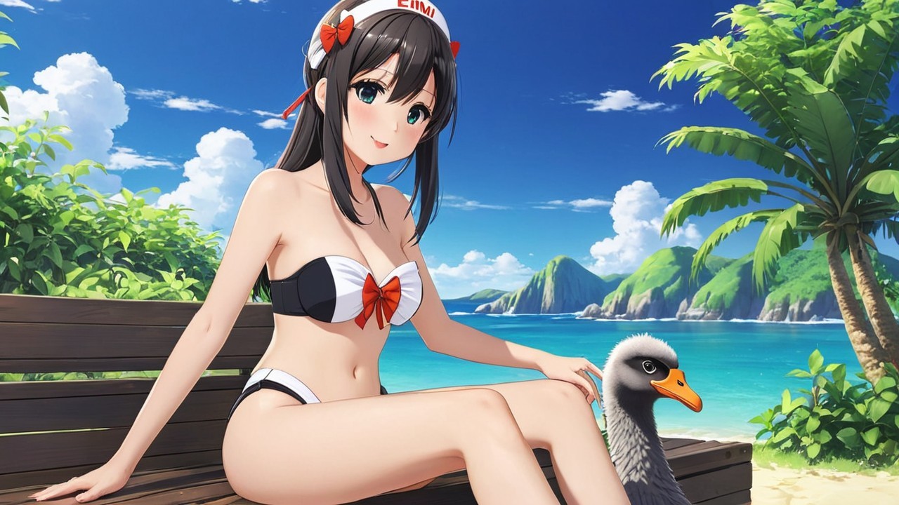 Young Woman on Beach Bench with Goose and Scenic View