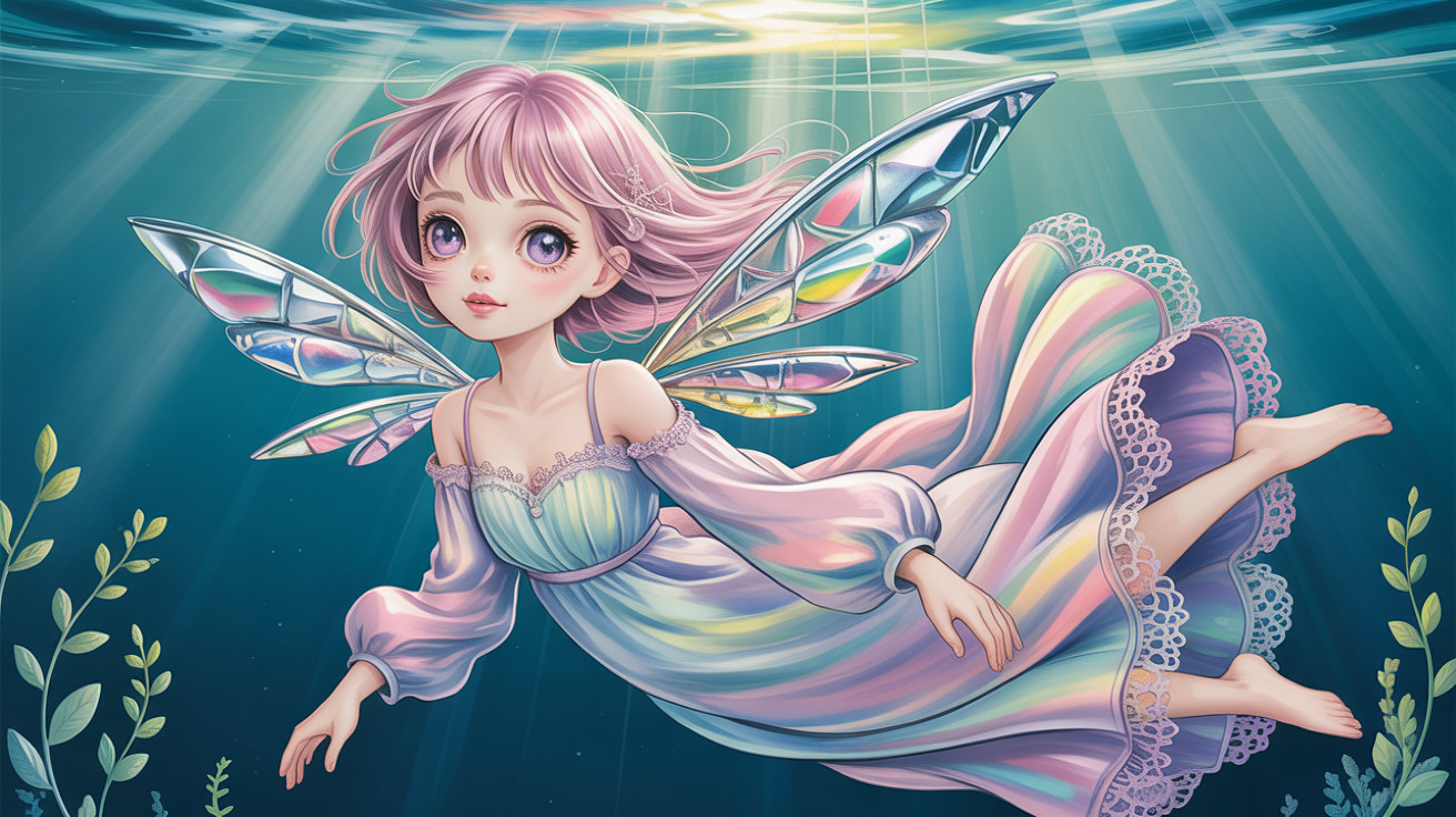 Colorful Watercolor of Fairy Swimming Underwater