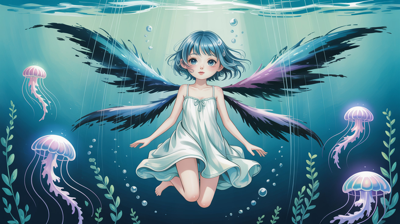 Young girl with blue hair and wings in water scene