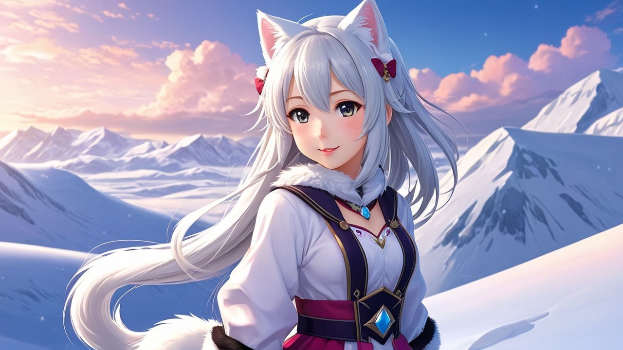 Young girl with silver hair in snowy mountain landscape