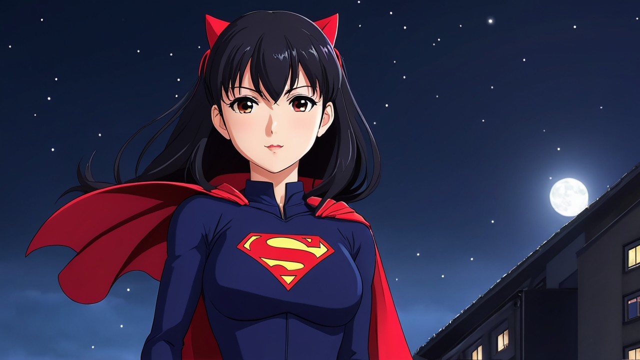 Young woman in red cape under night sky with moonlight