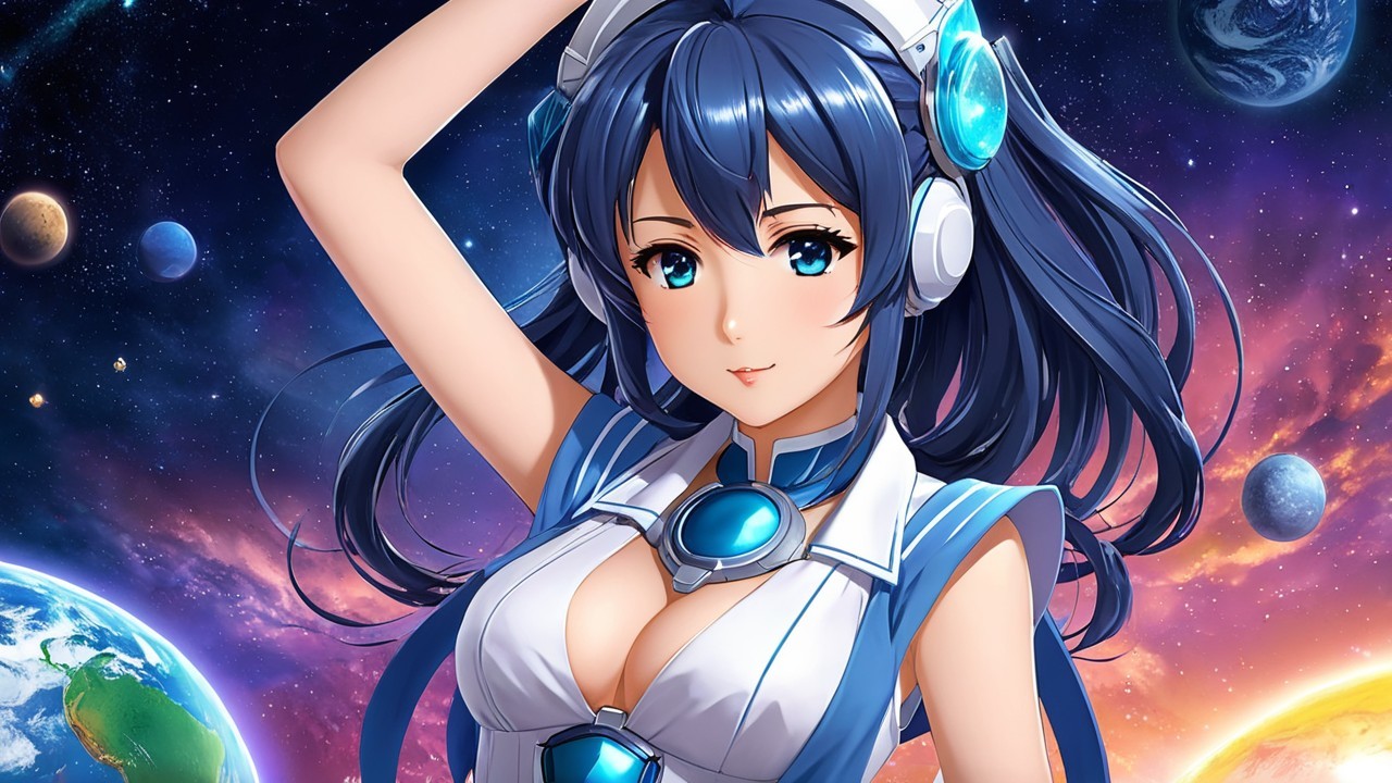 Futuristic female character in cosmic setting